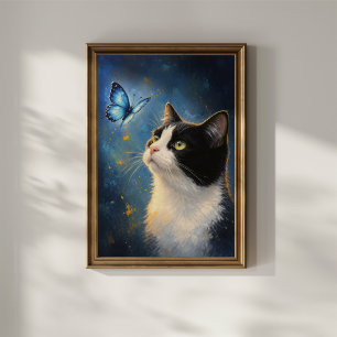 Nieuwsgierige Kat en Blauwe Vlinder Poster