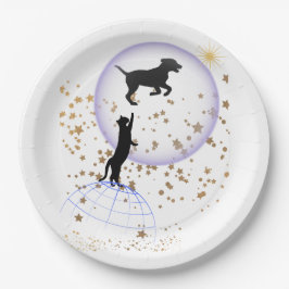 Nieuwsgierige kat en hond papieren bordje