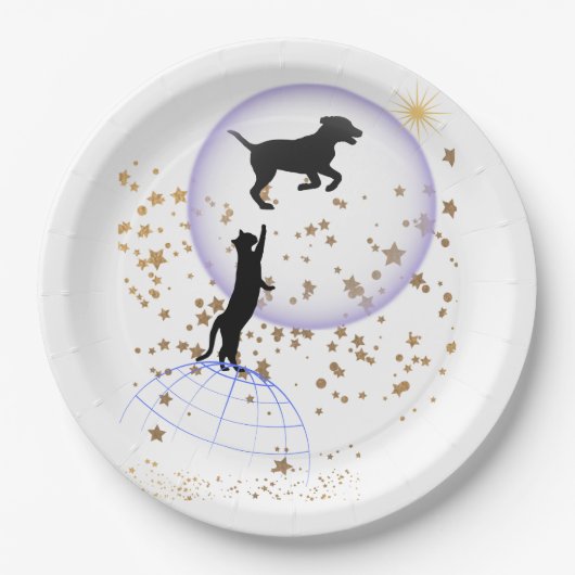 Nieuwsgierige kat en hond papieren bordje (Voorkant)