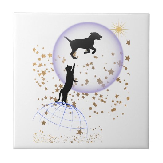 Nieuwsgierige kat en hond tegeltje (Voorkant)