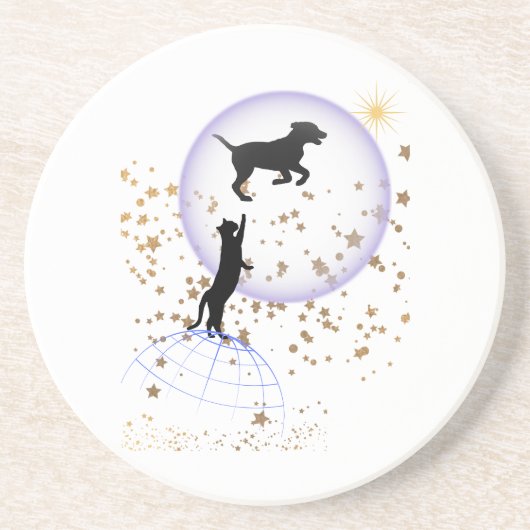 Nieuwsgierige kat en hond zandsteen onderzetter (Voorkant)