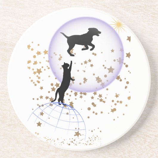 Nieuwsgierige kat en hond zandsteen onderzetter (Voorkant)