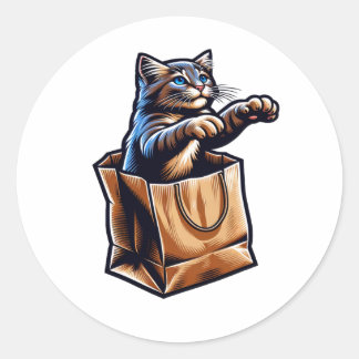 Nieuwsgierige kat in een papieren zak ronde sticker