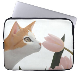 Nieuwsgierige Kat Lente Bloemen Laptop Sleeve