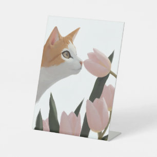 Nieuwsgierige Kat Lente Bloemen Reclamebord Met Voetstuk