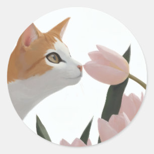 Nieuwsgierige Kat Lente Bloemen Ronde Sticker
