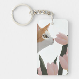 Nieuwsgierige Kat Lente Bloemen Sleutelhanger