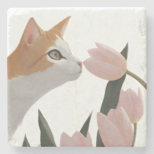 Nieuwsgierige Kat Lente Bloemen Stenen Onderzetter