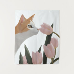 Nieuwsgierige Kat Lente Bloemen Wandkleed