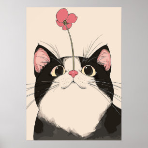 Nieuwsgierige kat met een bloem poster