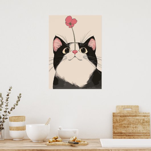 Nieuwsgierige kat met een bloem poster (Keuken)