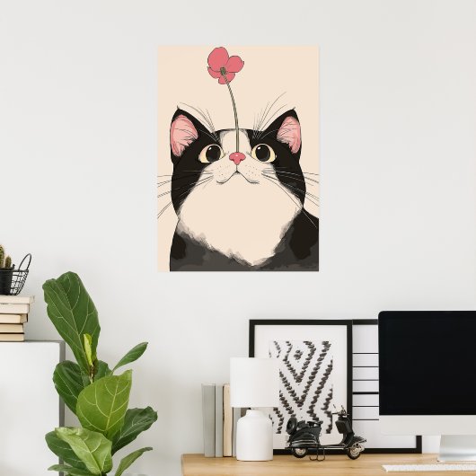 Nieuwsgierige kat met een bloem poster (Thuiskantoor)