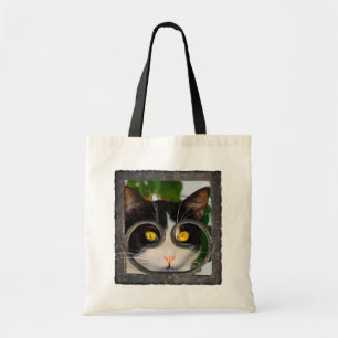 Nieuwsgierige kat met spectaculaire Lijst Funny Pe Tote Bag