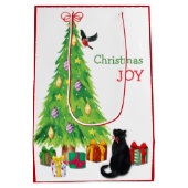 Nieuwsgierige kat, vogel en kerstboom medium cadeauzakje (Achterkant)