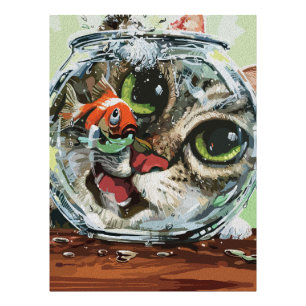 Nieuwsgierige Kat & Voorzichtige Goudvis Foto Afdruk