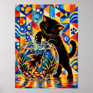 Nieuwsgierige Kitten die reikt naar een Vissilhoue Poster