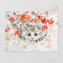 Nieuwsgierige kitten in herfstbladeren in Chinese 