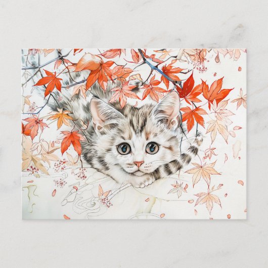Nieuwsgierige kitten in herfstbladeren in Chinese  Briefkaart (Voorkant)