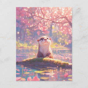 Nieuwsgierige Otter in Roze Kersenbloesem Vijver Briefkaart