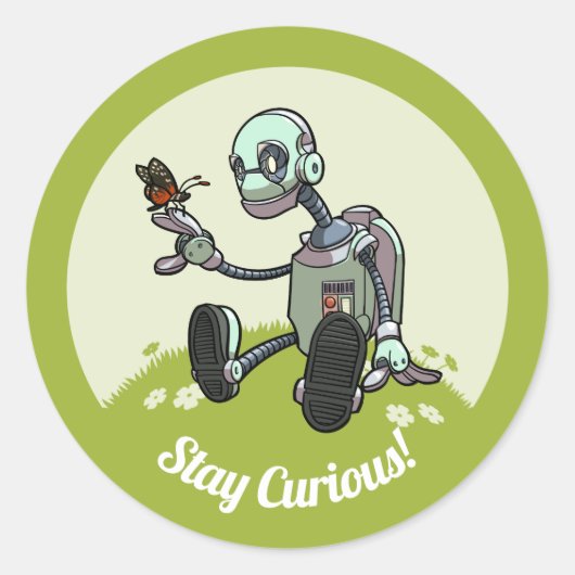 Nieuwsgierige Robot ziet zijn eerste vlindervliege Ronde Sticker (Voorkant)