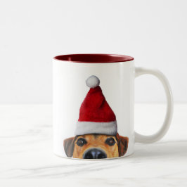Nieuwsgierige Schattige Grappige Hond met Kerstman Tweekleurige Koffiemok