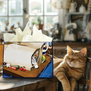 Nieuwsgierige tabbykat boodschappentas blauw leuk groot cadeauzakje