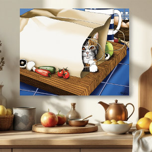 Nieuwsgierige tabbykat boodschappentas blauw leuk  poster