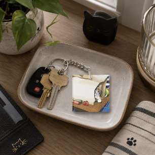 Nieuwsgierige tabbykat boodschappentas blauw leuk  sleutelhanger