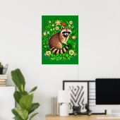 Nieuwsgierige wasbeer in een kleurrijke bloementui poster (Thuiskantoor)