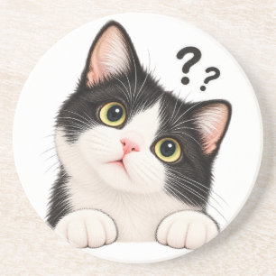 Nieuwsgierige zwart-witte tuxedo kat kussen zandsteen onderzetter