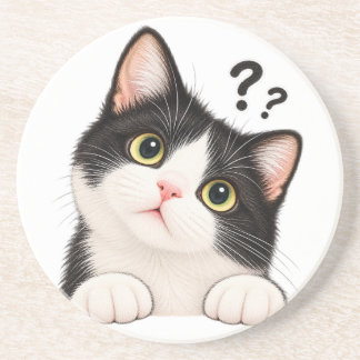 Nieuwsgierige zwart-witte tuxedo kat kussen zandsteen onderzetter