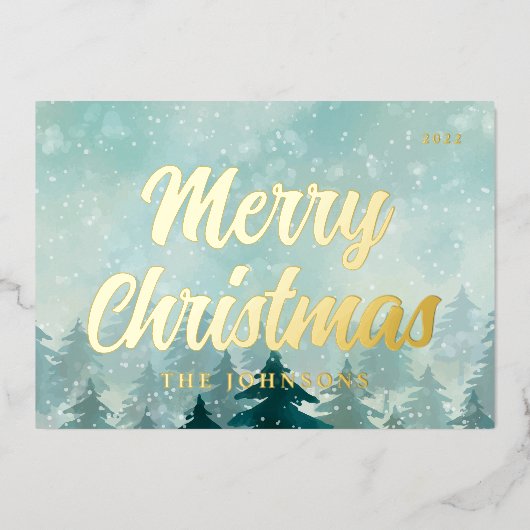 Nieuwsneeuwbos met de moderne Waterverf Kerstwinte Folie Feestdagenkaart (Voorkant)