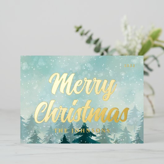 Nieuwsneeuwbos met de moderne Waterverf Kerstwinte Folie Feestdagenkaart (Staand Voorkant)