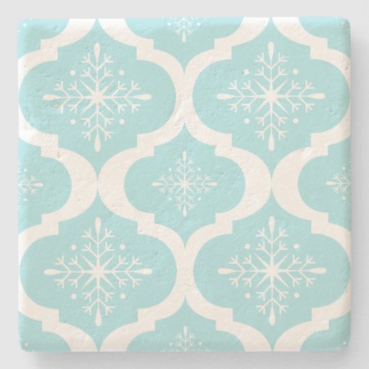 Nieuwspatroon voor kerstmis Aqua Blue Snowflakes Stenen Onderzetter (Voorkant)