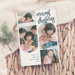 Nieuwste kerstfeestdag feestdagenkaart<br><div class="desc">Verstuur uw wensen voor een warme vakantie met deze vier collage kerstkaarten voor de fotografie! Dit unieke, moderne ontwerp biedt twee bogen met elk twee foto's. De ene is naar beneden gericht, de andere naar boven gericht. Er zijn twee grote verticale (portret) foto's en twee kleinere horizontale (landschaps) foto's. In...</div>