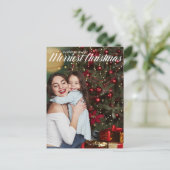 Nieuwste kerstfoto van Elegant White Script Briefkaart (Staand voorkant)