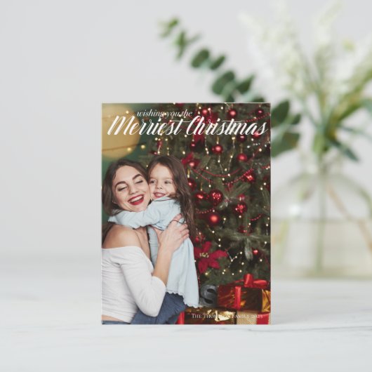 Nieuwste kerstfoto van Elegant White Script Briefkaart (Staand voorkant)