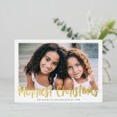 Nieuwste kerstfoto van modern rood script folie feestdagenkaart (Staand Voorkant)