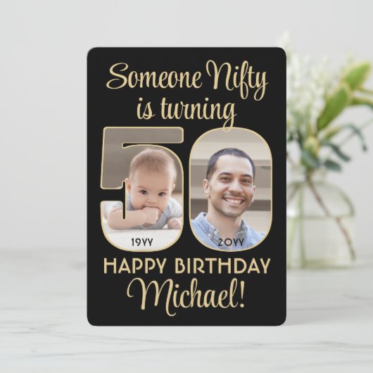 Nifty Fifty Zwart & Goud 50ste Verjaardagsfeestfot Kaart (Staand voorkant)