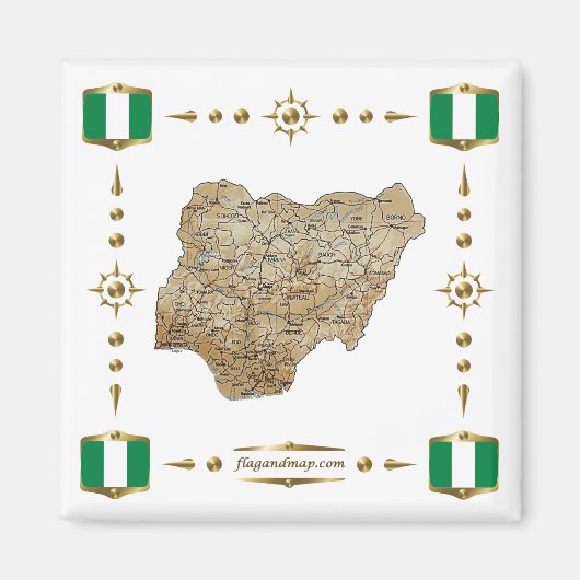 Nigeria Kaart + Vlaggen Magnet (Voorkant)