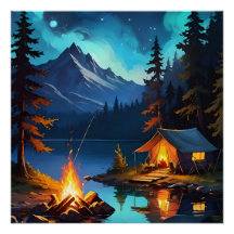 Night Campfire and Mountain View