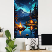 Night Campfire and Mountain View Poster (Thuiskantoor)