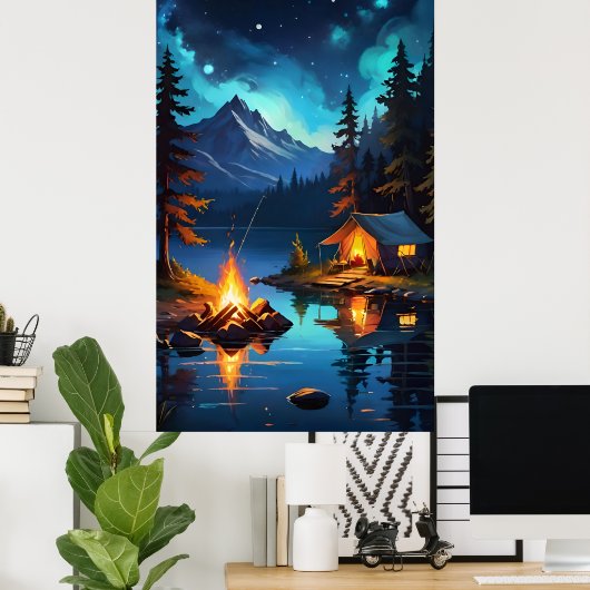 Night Campfire and Mountain View Poster (Thuiskantoor)