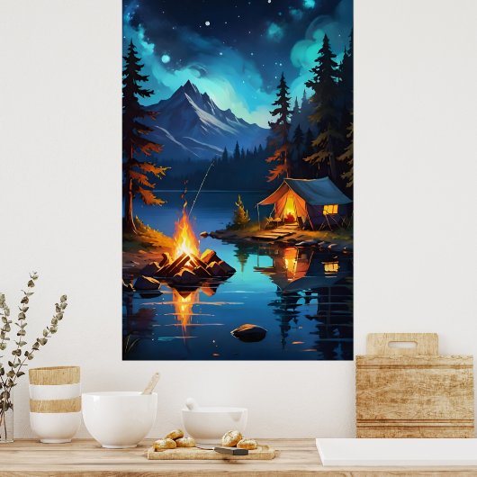 Night Campfire and Mountain View Poster (Keuken)