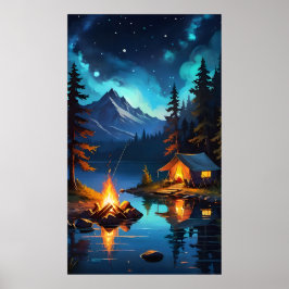 Night Campfire and Mountain View Poster
