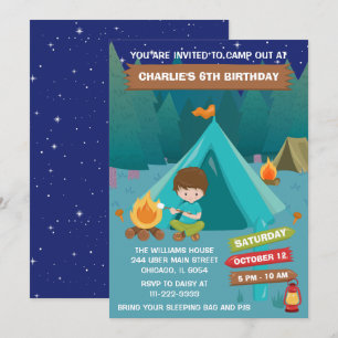 Night Camping Birthday Party Brown Hair Boy Invita Kaart