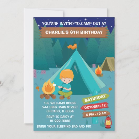 Night Camping Birthday Party Red Hair Boy Invitati Kaart (Voorkant)
