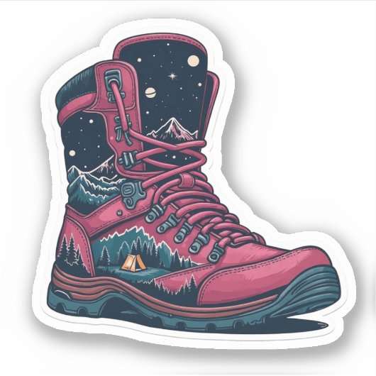 Night Camping Pink Hiking Boot Sticker | Die-Cut (Voorkant)