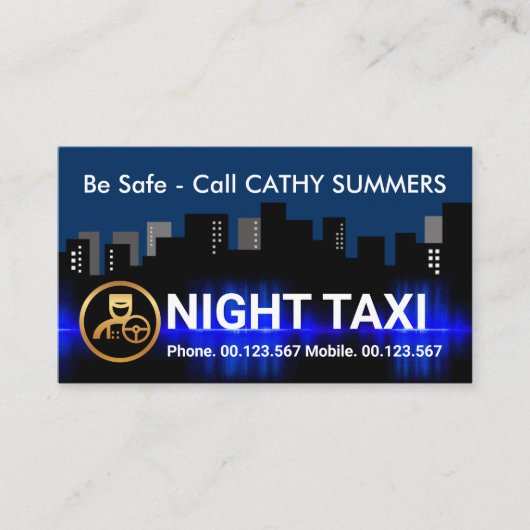 Night City Silhouette Taxi Chauffeur Visitekaartje (Voorkant)