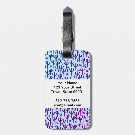 Night Desert Cacti Paars BLue Pattern Waterverf Bagagelabel (Achterkant verticaal)